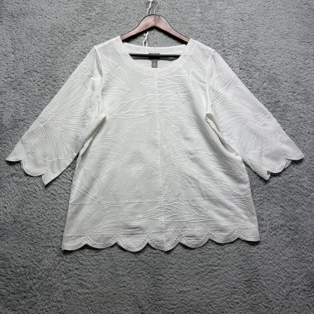 Chicos White Embroidered Tunic Blouse Boho Resort Coastal Chic Large Scallop Hem